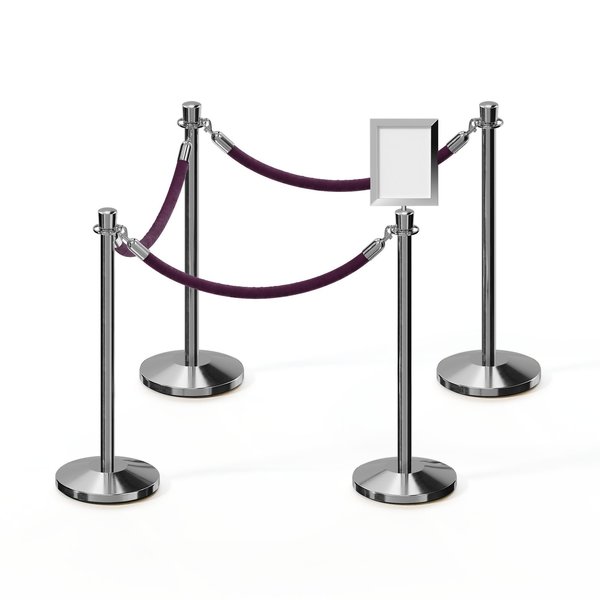 Montour Line Stanchion Post & Rope Kit PolSteel 4CrownTop 3Purple Rope 85x11VSign C-Kit-3-PS-CN-1-Tapped-1-8511-V-3-PVR-PE-PS